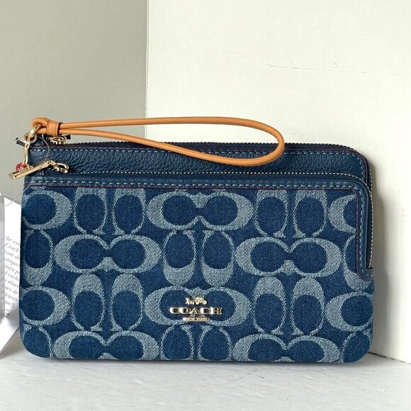 Coach CZ321 Double Zip Phone Wallet Blue Signature Denim Leather Wristlet Clutch - Picture 11 of 11